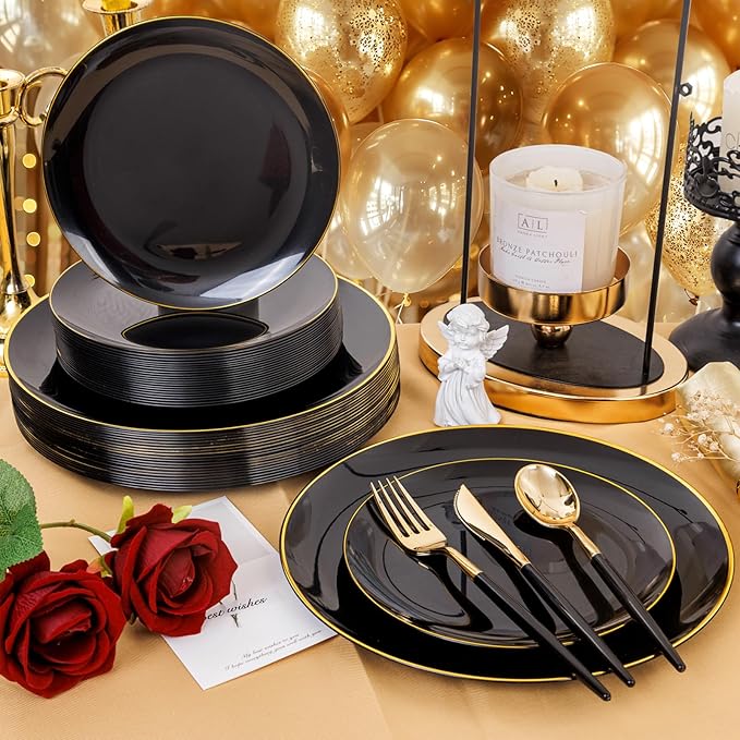 150pcs Black Plastic Plates, Premiun Taleware, Anniversary - Image 3