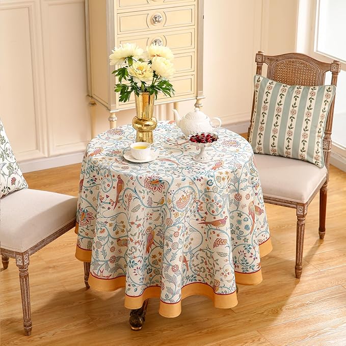 patdrea Designer Yellow French Round Tablecloth, Rustic Linen Floral Birds - Image 9