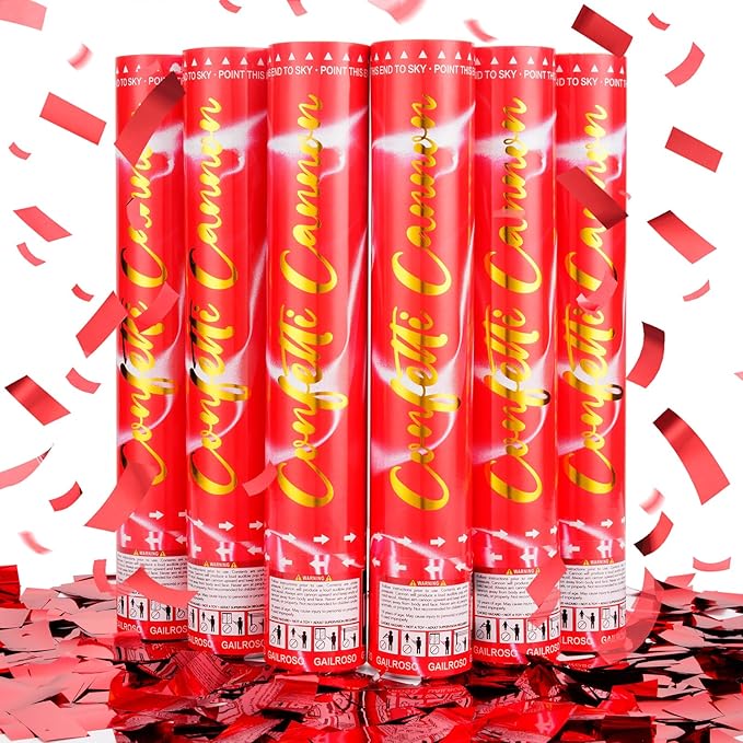 6 Pack Red Confetti Cannon, Party Poppers, 12 Inch Confetti Poppers Shooters by GAILROSO