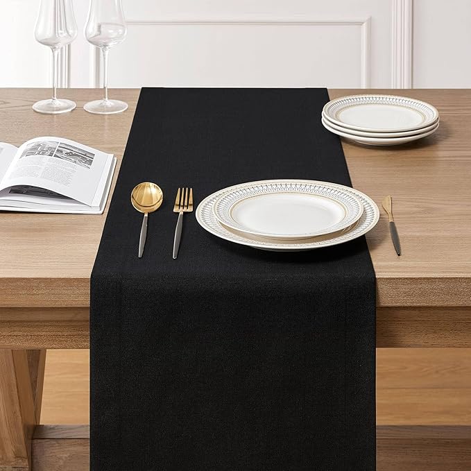 ZeeMart Linen Textured Border Table Runner, 14 x 108 Inch Black, Farmhouse - Image 3