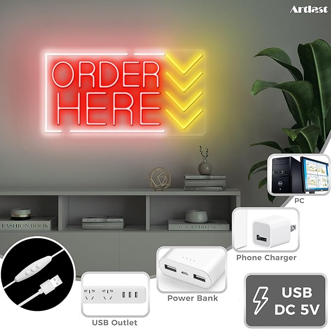 Order Here Neon Sign Red Light Up Order Here Sign - Image 3