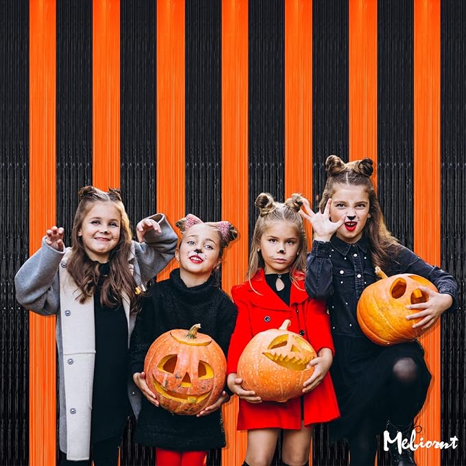 4 Pack Black Orange Fringe Curtain Backdrop, 3.2Ft x 6.6Ft Metallic Tinsel Foil - Image 5