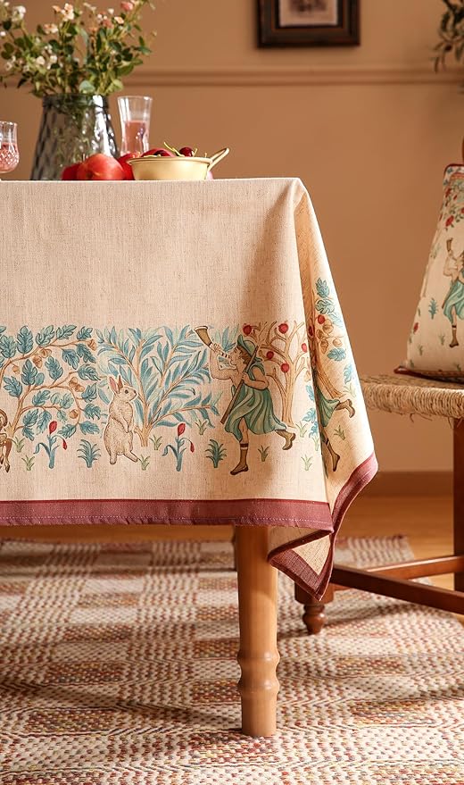 patdrea Designer Beige Rectangle Tablecloth, Vintage French Linen Trees Pattern - Image 5