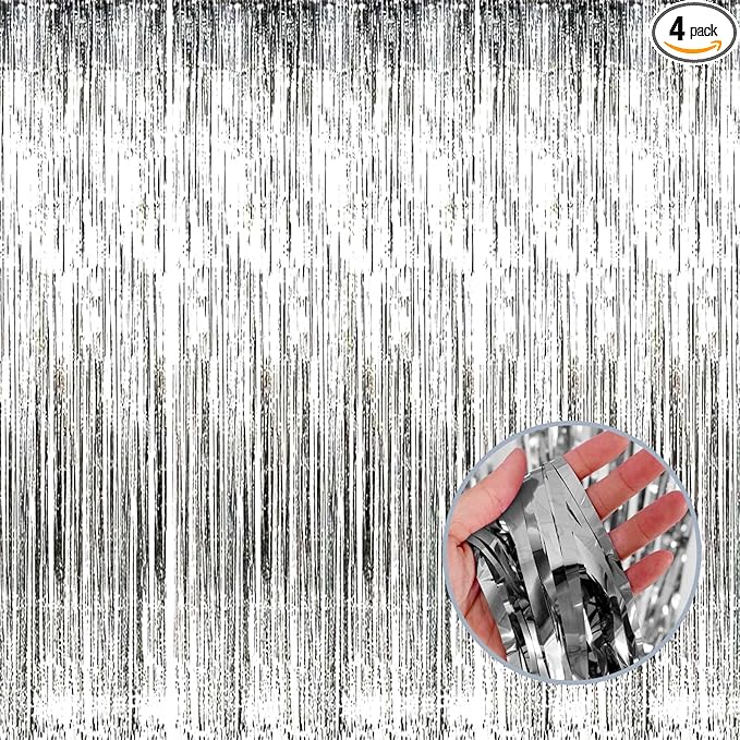 4 Pack Silver Foil Fringe Curtain Backdrop, 3.28Ft x 8.2Ft Metallic Tinsel Foil by Unknown