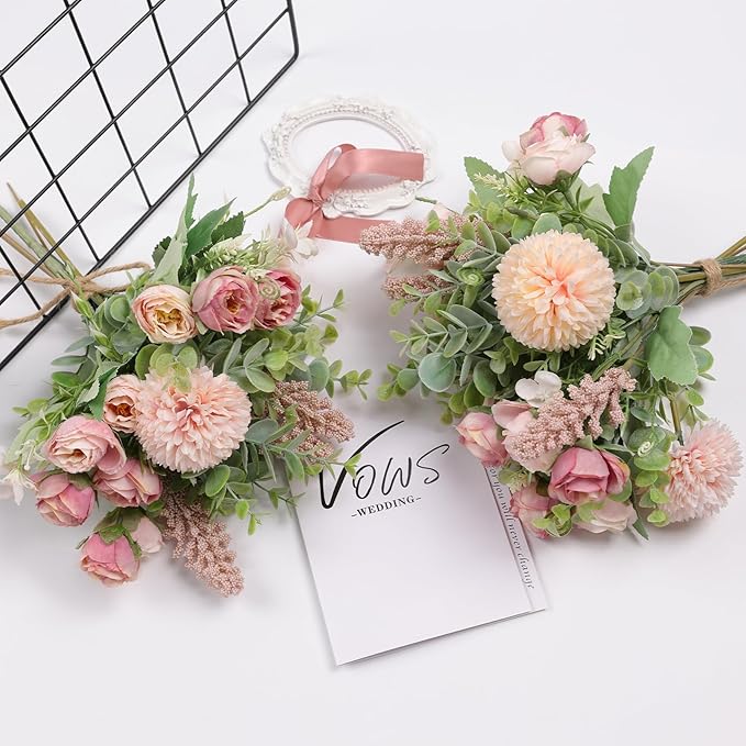 Meldel 3Pcs Rose Bouquet Pink Artificial Flowers Eucalyptus Plants Fake Silk - Image 9