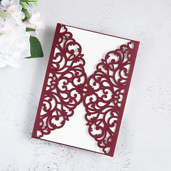 20Pcs Burgundy Laser Cut Invitation Cards by FEIYI