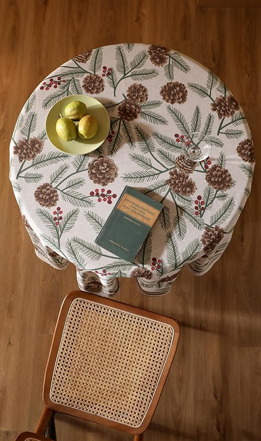 ISAENNE Designer Christmas Beige Linen Small Round Tablecloth, Pinecones - Image 7