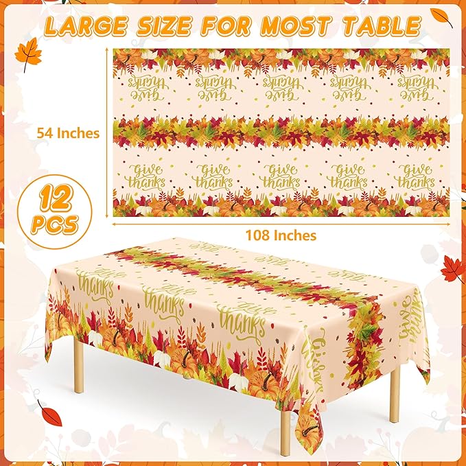 QZYL 12 Pack Thanksgiving Plastic Tablecloths, Maple Leaves Pumpkin Rectangle - Image 2