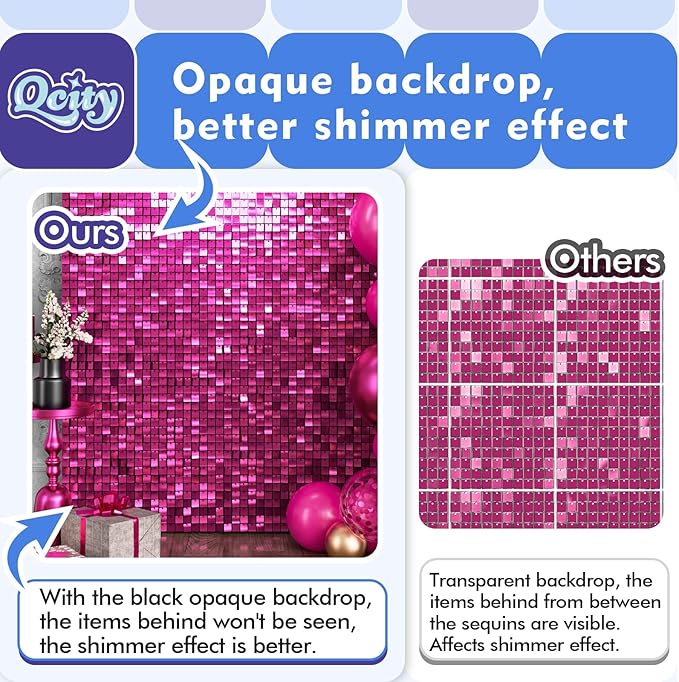 Qcity Hot Pink Shimmer Wall Backdrop 24PCS, Square Sequin Glitter Backdrop Panel - Image 9