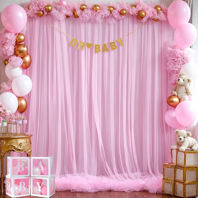 Pink Tulle Backdrop Curtain for Parties Girls Baby Shower 10ft X 8ft Light Pink - Image 4