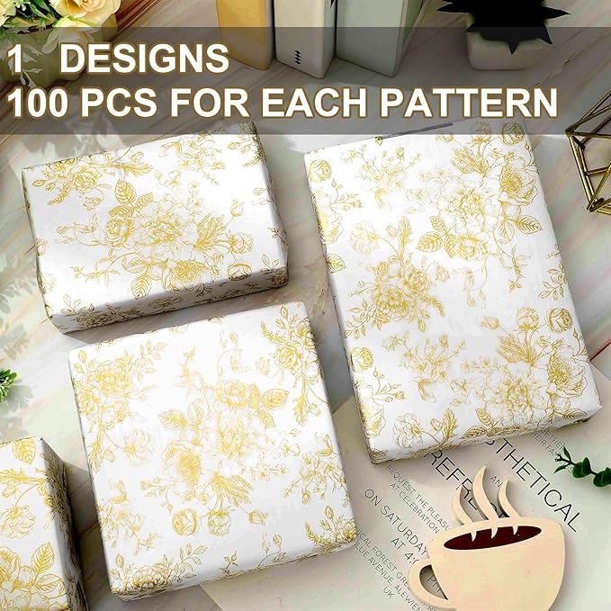 JarThenaAMCS 100 Sheets Floral Tissue Paper Gold Flower Gift Wrapping Paper - Image 3