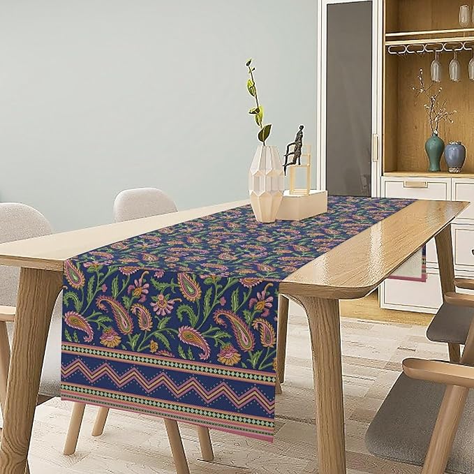 Colorful Paisley Floral Table Runner, Vintage Pink Purple Flowers Green Plants - Image 2