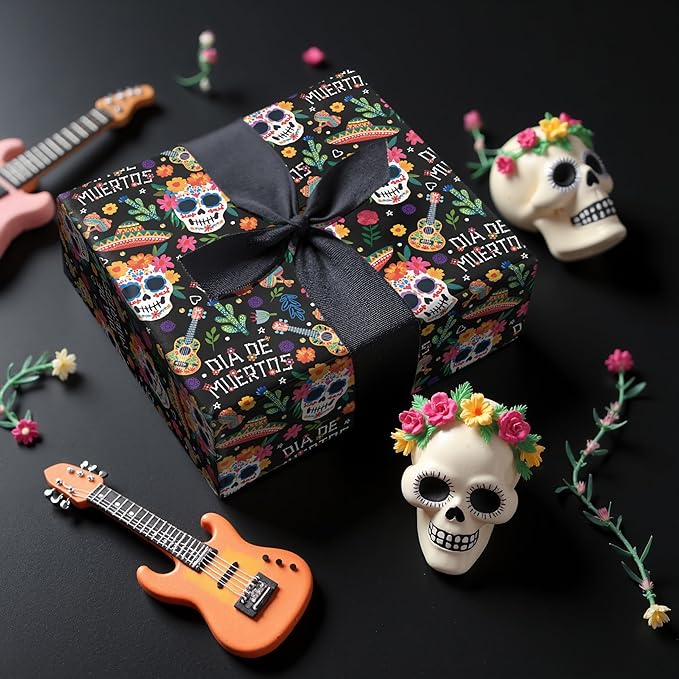 LeZakaa Day of the Dead Wrapping Paper Roll, Colorful Sugar Skulls Maracas - Image 4