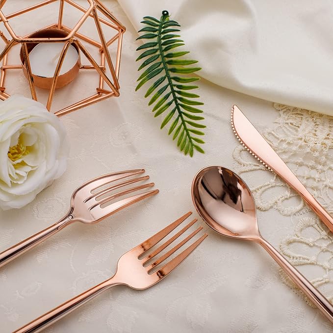 SUT 150Pcs Rose Gold Plastic Silverware, Disposable Cutlery Set, Heavy Duty - Image 7