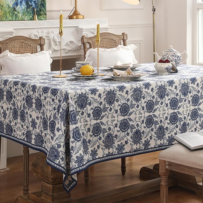 patdrea Designer Vintage Blue Floral Tablecloth - Image 4