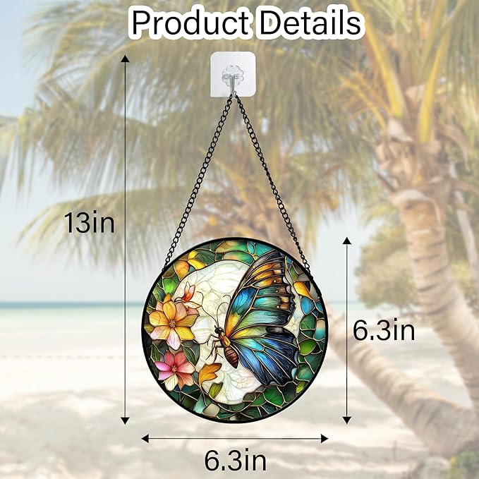Stained Glass Window Hanging, Butterfly Flower Sun Catchers Diamond Glass Panel - Image 2