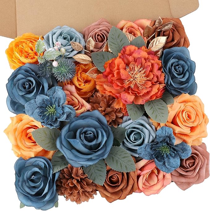 AmyHomie Teal Orange Artificial Flowers Combo Silk Mix Peony Rose Fake Flowers by AmyHomie