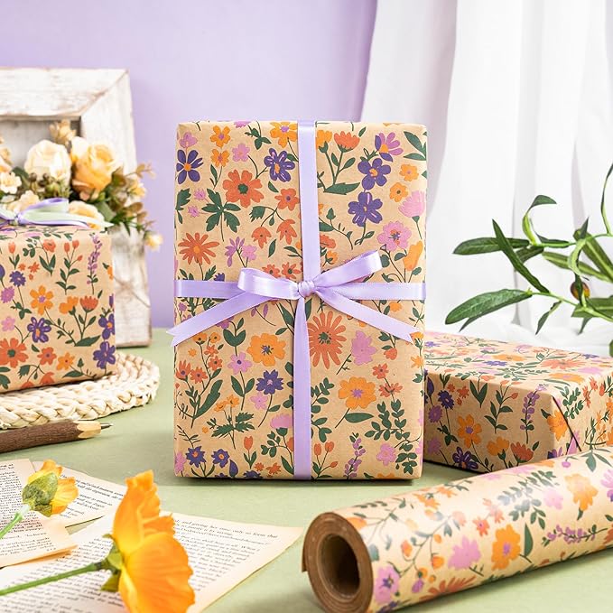 WRAPAHOLIC Kraft Floral Wrapping Paper Roll - Image 4