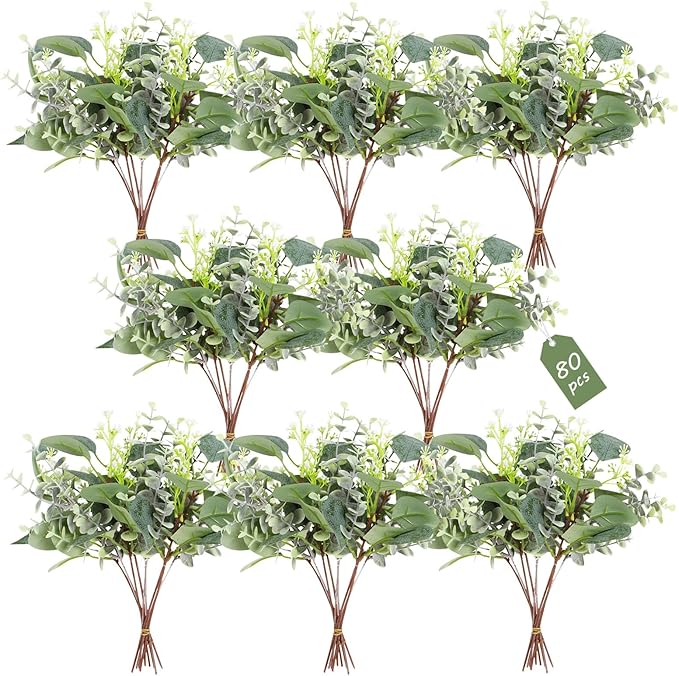 80 Pcs Mixed Eucalyptus Leaves Stems Bulk Artificial Silver Dollar Leaves by Zekonan