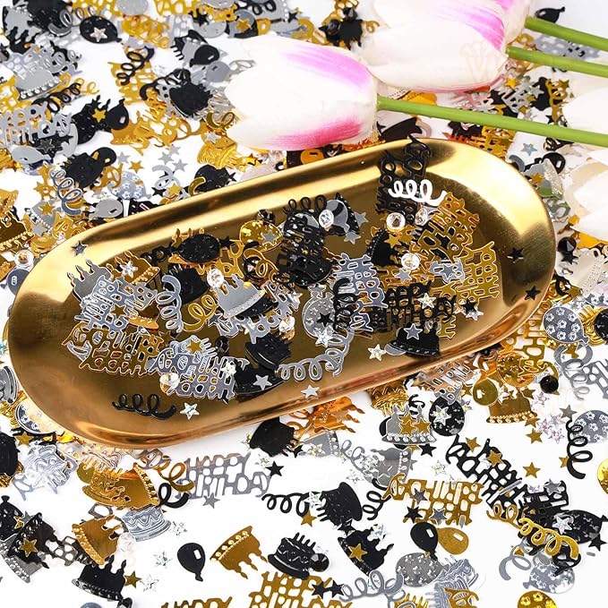 VHUWE Happy Birthday Confetti, 1.6 oz Black Gold Silver Cake Balloon Star - Image 4