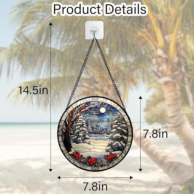 Stained Glass Window Hanging Christmas Tree Winter Snow Night Scenery 7.8" - Image 4