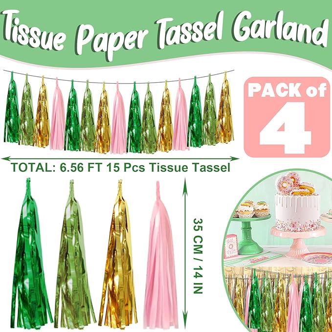 4P Pink-Gold Sage-Green Party-Decorations Foil Fringe Metallic Tassel Streamers - Image 2