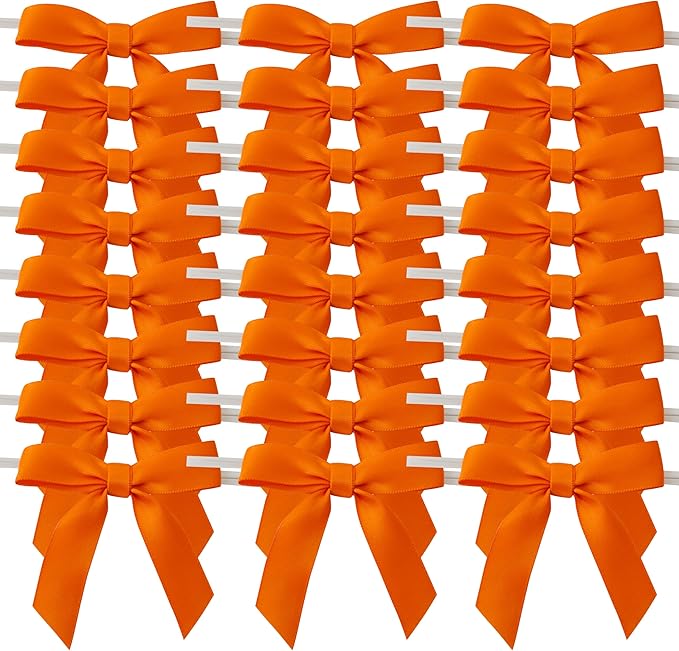 50pcs 2-1/2" Orange Twist Ties Satin Ribbon Bows in Pumpkin Color - Image 2
