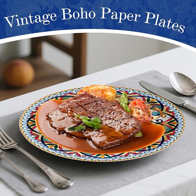 100PCS Boho Paper Plates–Vintage Bohemian Style Disposable Plates, Dessert - Image 5