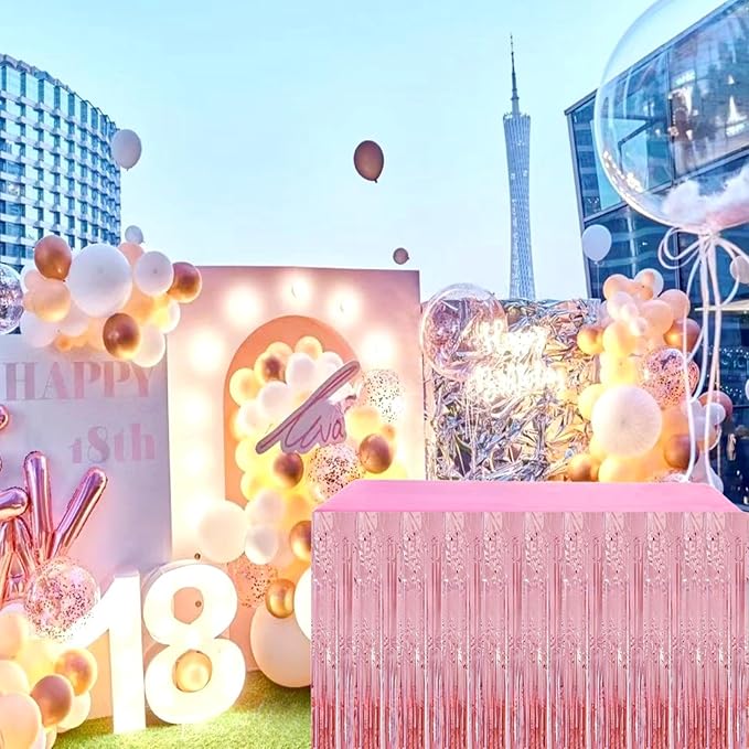 Pink Streamers Party Decorations, 2 Packs Pink Table Skirts Metallic Foil - Image 7