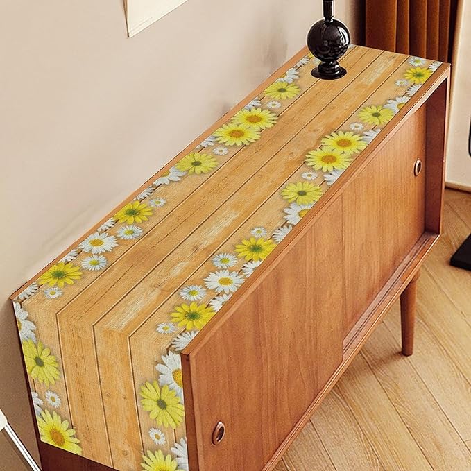 Farmhouse Floral Table Runner, Spring Seasonal Yellow Daisy Sunflower Retro - Image 2