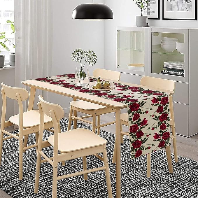 Rose Table Runner, Retro Red Rose Flowers Green Leaves Valentine's Day Kitchen - Image 7