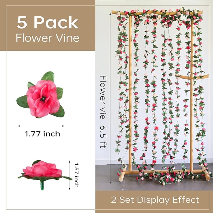 Miracliy 5Pcs 41FT Pink Flower Garland Artificial Rose Arch Vines Fake Spring - Image 2