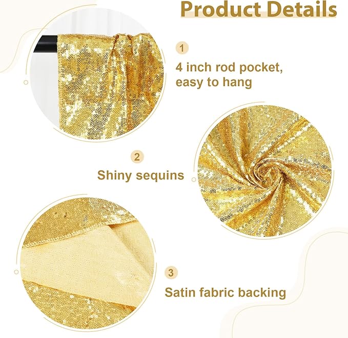 SquarePie Sequin Backdrop Curtain 8FT x 10FT Gold Satin Backing Fabric - Image 3