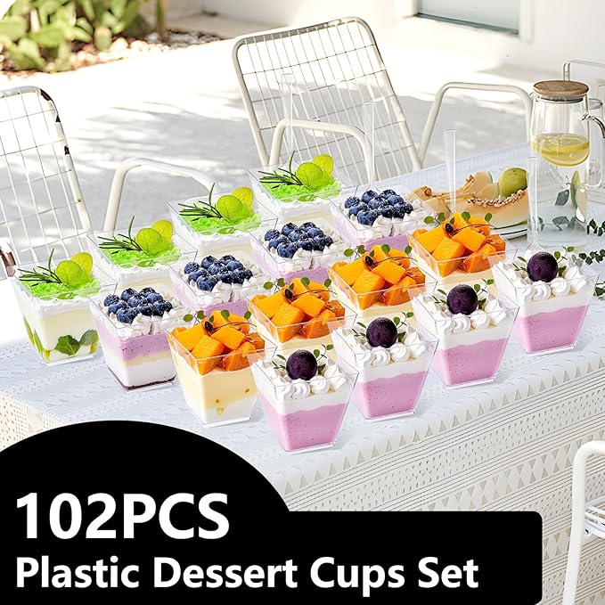 YOUBET 102 PCS Plastic Dessert Cups - 8oz Clear Square Cups - 51 Pack Mini - Image 7