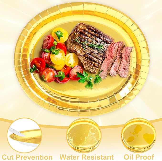 QZYL 50 Pcs Gold Foil Paper Plates, 12.2'' X 10.2'' Oval Large Paper Plates - Image 3