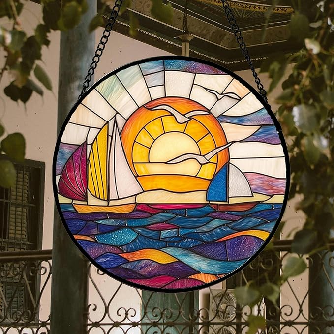 Stained Glass Window Hanging, Sailboat and Waves Suncatcher Diamond Glass Panel - Image 2