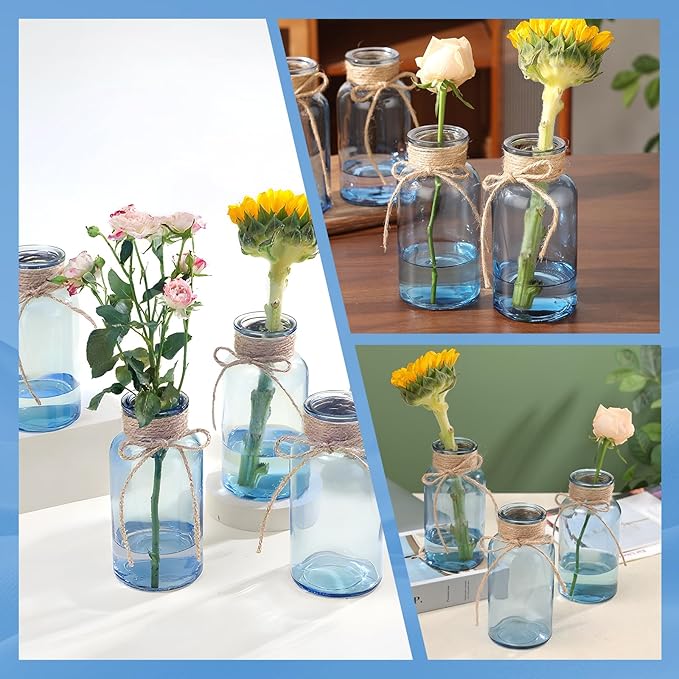 Blue Glass Flower Vases for Centerpieces Set of 6, Mason Jars Boho Cylinder Bud - Image 3