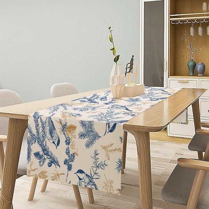 Chinoiserie Flowers Table Runner, Seasonal Spring Fall Plants Blue Florals - Image 2