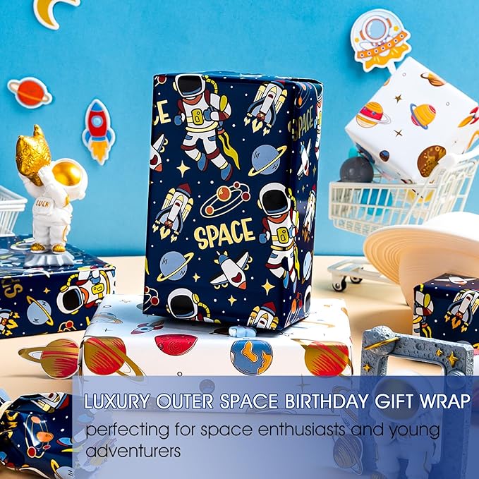 Yarcony Space Wrapping Paper Roll, Birthday Wrapping Paper - Image 2