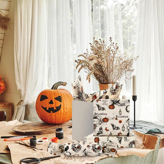 JarThenaAMCS 60 Pcs Halloween Tissue Paper Retro Gothic Skull Crow Pumpkin - Image 6