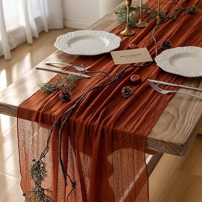 Keketo Fall Thanksgiving Table Runner Terracotta Rust Gauze 120 Inch 10 FT by KEKETOARRANGE