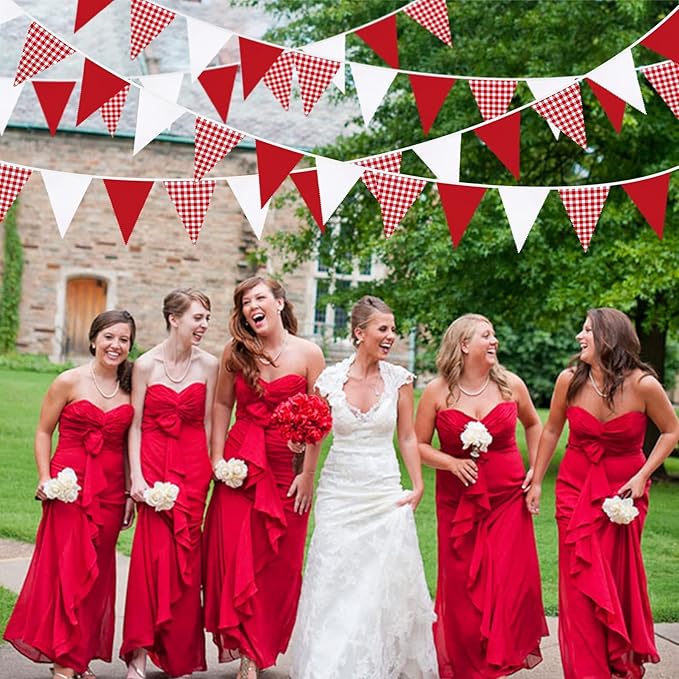 32Ft Red Party Decorations Red Plaid Checkered White Triangle Flag Gingham - Image 5