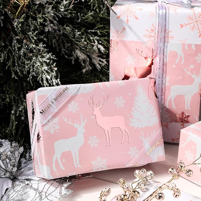 LeZakaa Christmas Pink Wrapping Paper Mini Roll, Reindeer & Snowflake, Metallic - Image 4