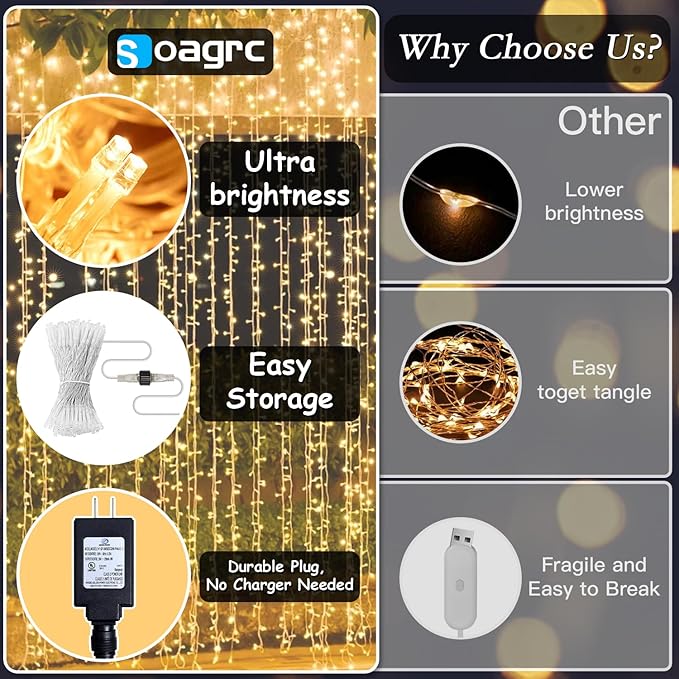 300 LED Curtain String Lights 9.8FT Plug in Fairy Lights - Image 2