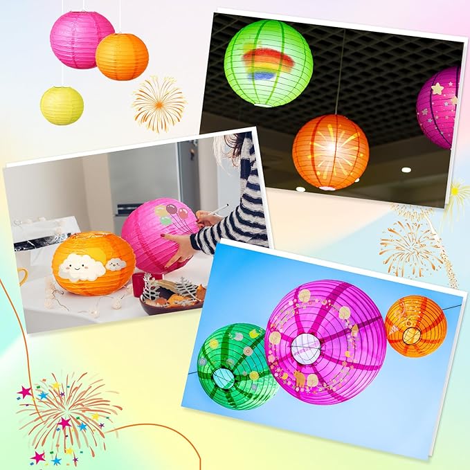 Riakrum 16 Pcs Neon Themed Paper Lanterns Birthday Party Decorations Mixed Size - Image 5