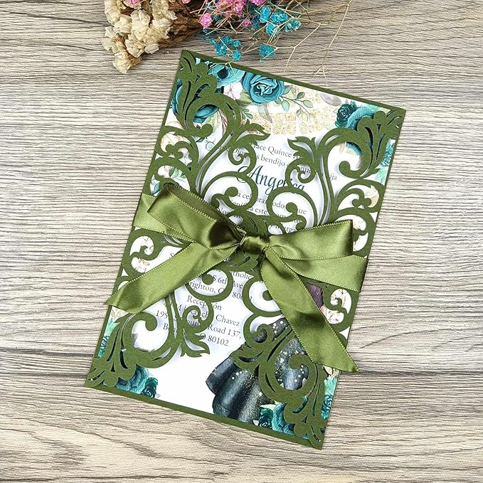25PCS Olive Green Laser Cut Wedding Invitations Cards by Unknown