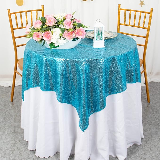 ShinyBeauty Turquoise Sequin Tablecloth, Elegant Table Overlay, All-Season by ShinyBeauty