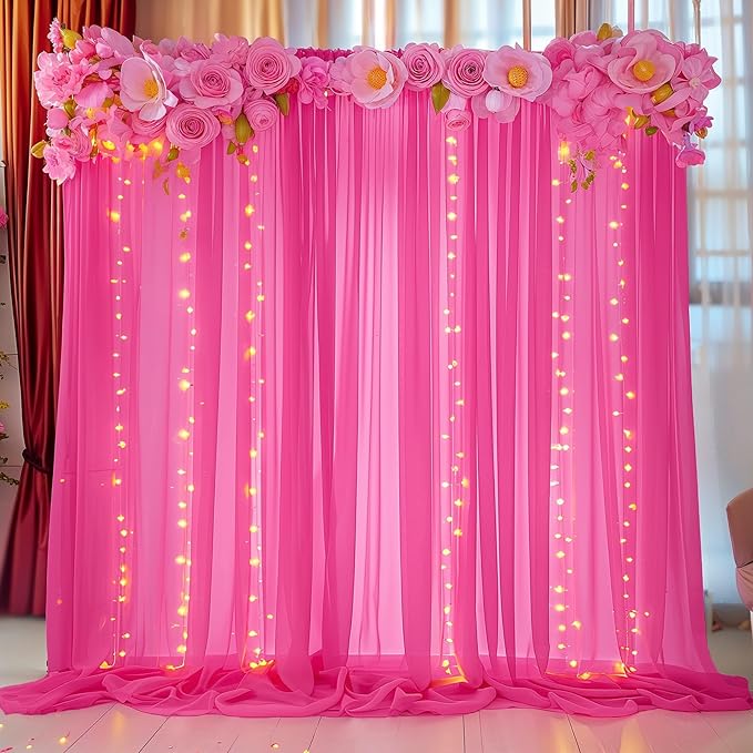 10ft x 10ft Hot Pink Backdrop Curtains, Wrinkle-Free Sheer Chiffon Fabric Photo - Image 7
