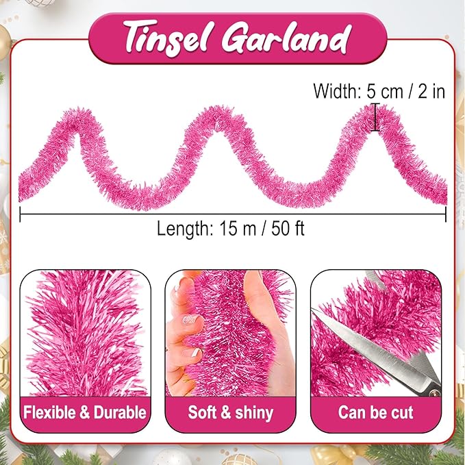 50 Feet Pink Christmas Tinsel Garland, Metallic Foil Twist Banner Wall Hanging - Image 2