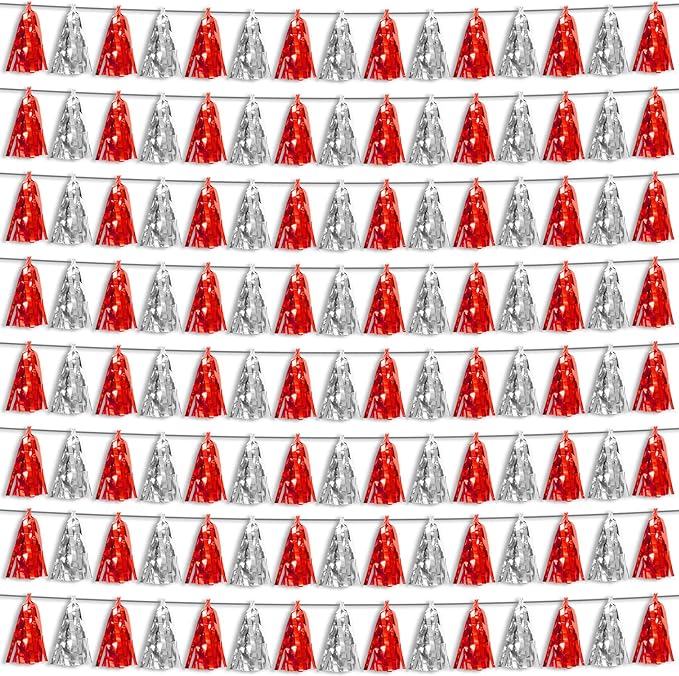 8P Red Silver Foil Fringe Metallic Tassel Streamers Banner Tassel Garland by HYSILLA